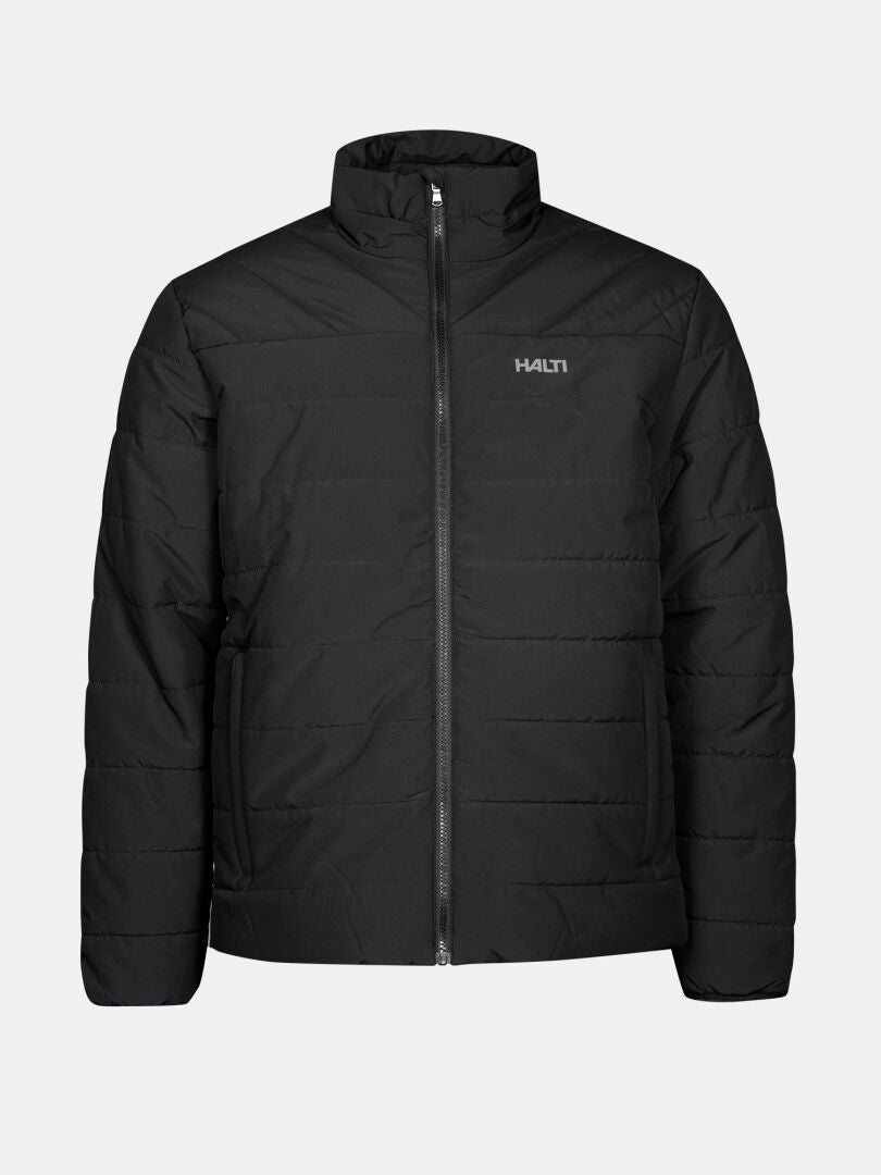 The Halti Haapa Insulated Jacket Men's is a black outdoor jacket with front zipper and chest logo.