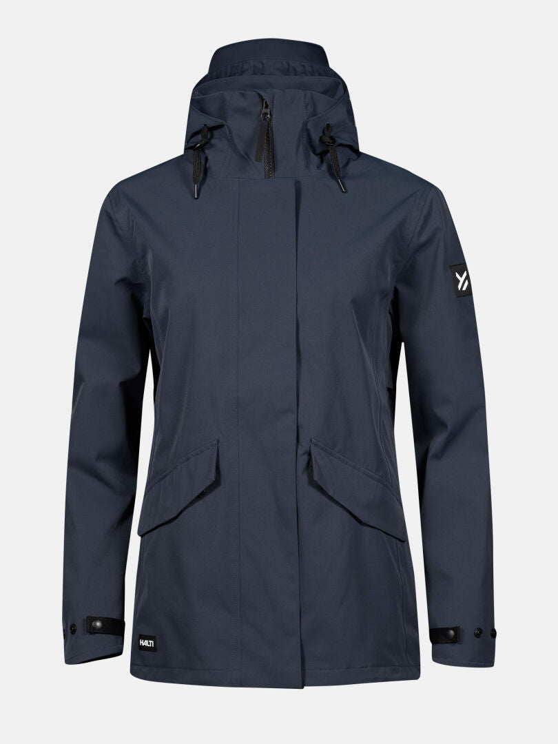 Halti Tokoi DX Jacket Women's in dark blue with hood, front zipper, flap pockets, and adjustable cuffs.