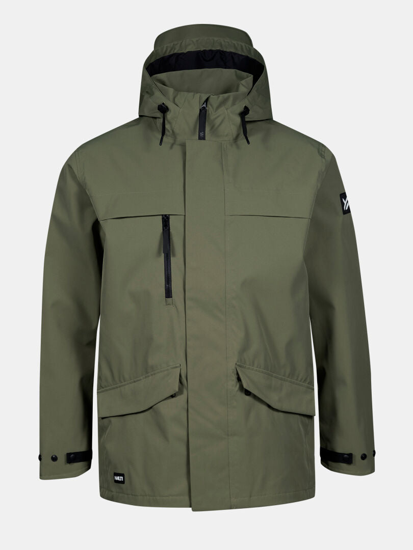 The Halti Tokoi DX Jacket Men's is a khaki green weatherproof jacket with zip, chest/flap pockets, and black cuff tabs.