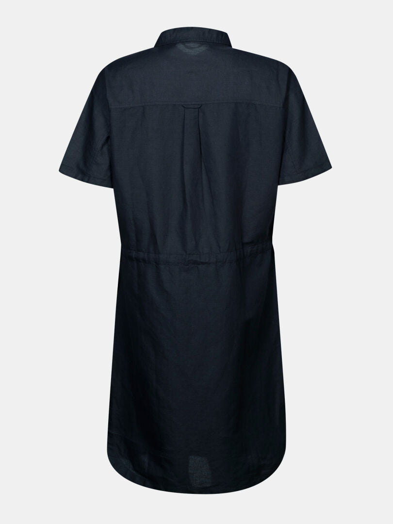 Back view of the Halti Notsgi Dress Women's in dark navy organic cotton, with short sleeves, collar, and straight hem.