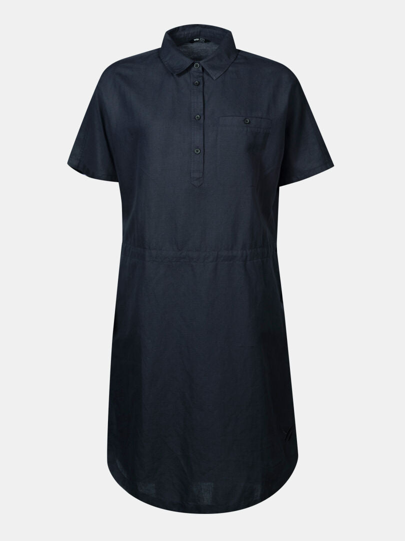 Halti Notsgi Dress Women's: black organic cotton, short-sleeve button-up with chest pocket on white background.