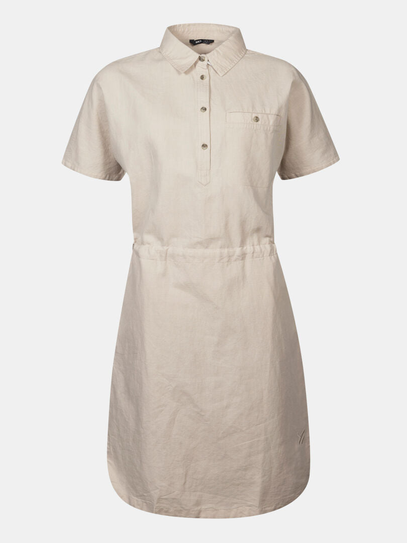 Halti Notsgi Dress Women's: beige, collared, chest pocket, elastic waist, organic cotton; shown on white background.