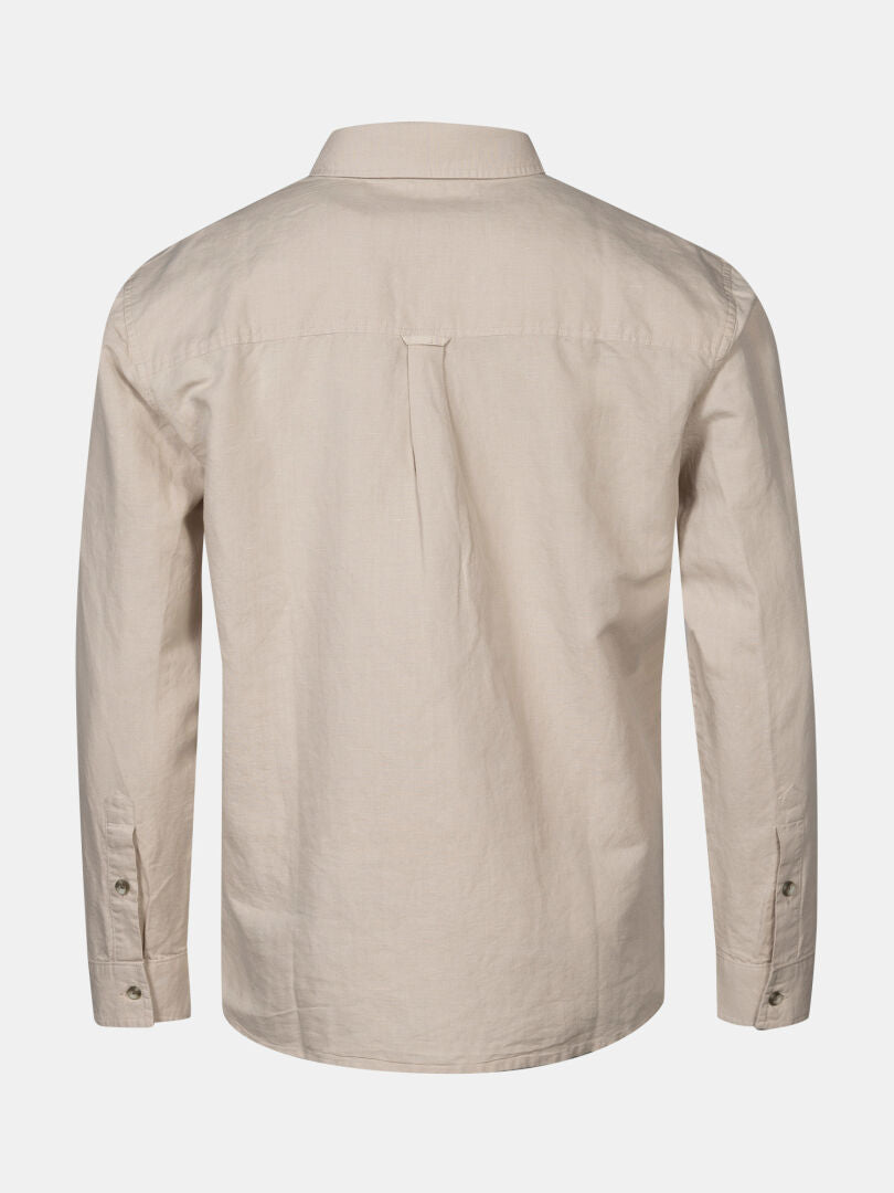 Back view of Halti Notsgi Longsleeve Shirt Men's in beige hemp cotton, with collar and buttoned cuffs on white background.