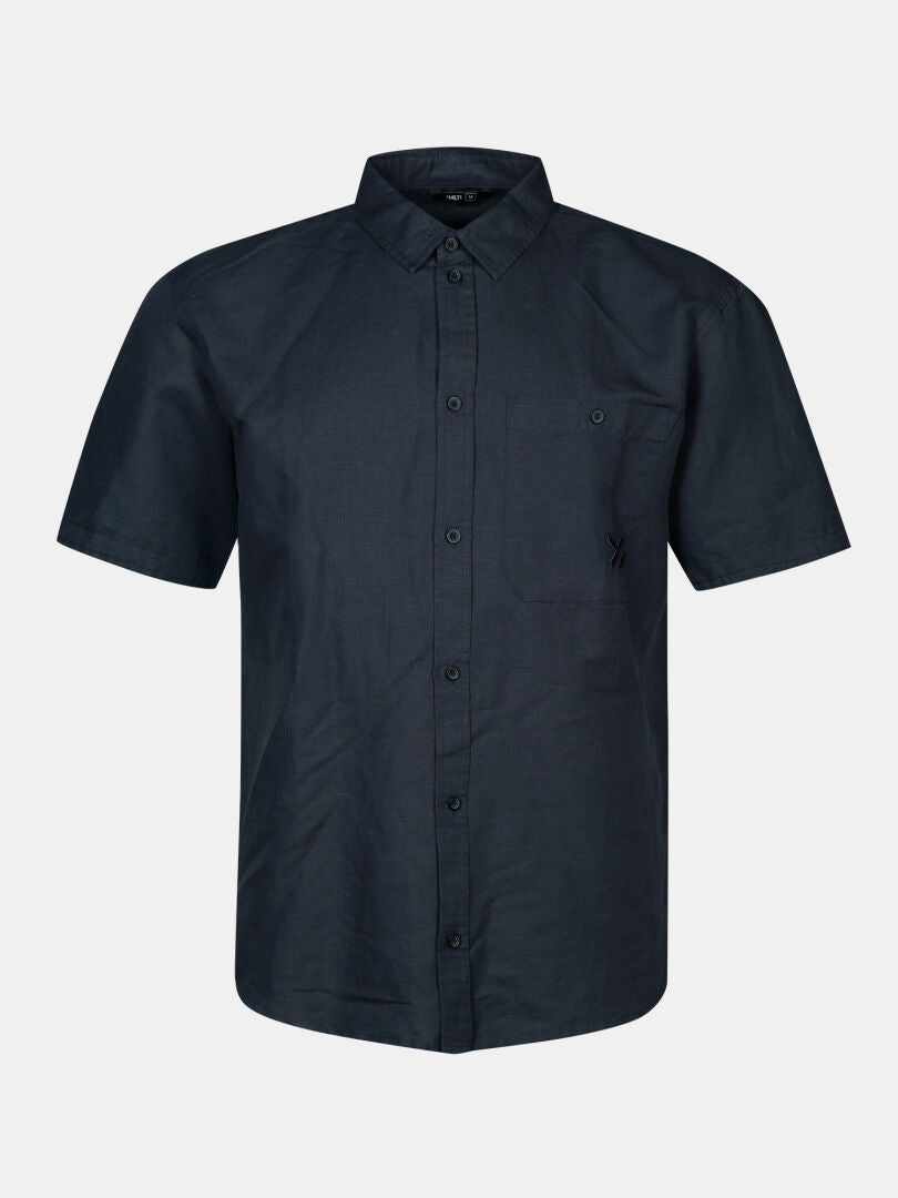 Halti Notsgi Shirt Men's: short-sleeve, button-up dark navy hemp-cotton shirt with chest pocket on white background.