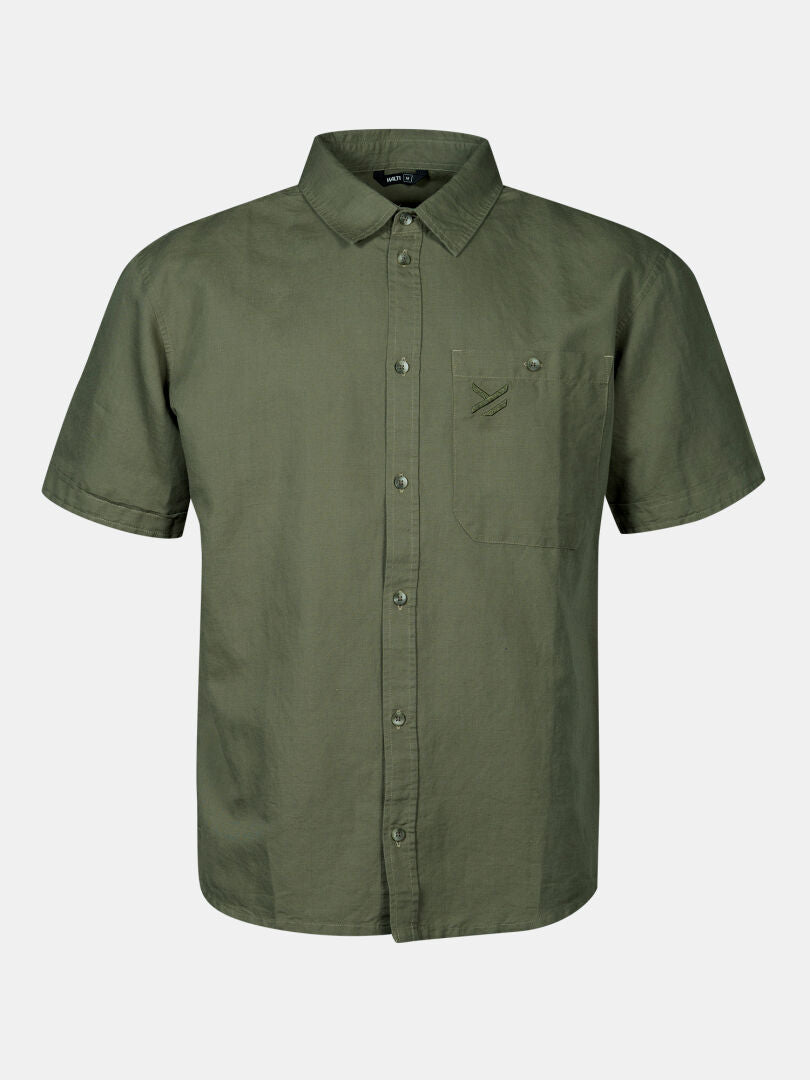 Halti Notsgi Shirt Men's in olive green, short-sleeve, breathable, with a chest pocket and collar on plain background.