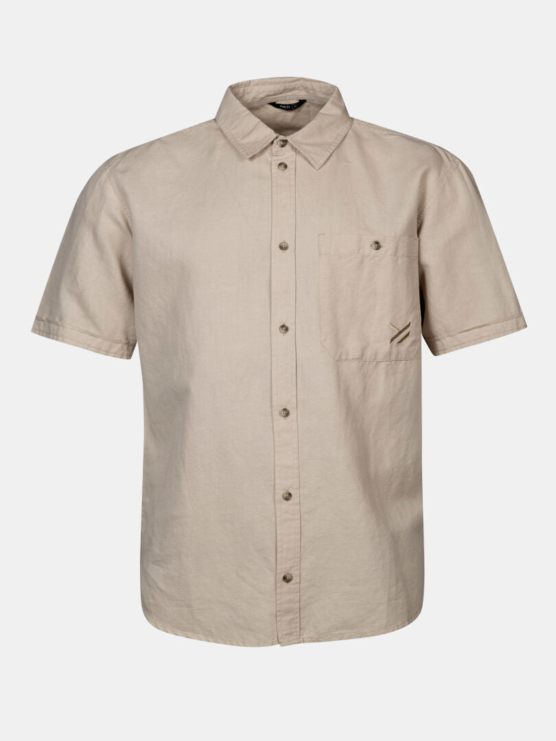 Halti Notsgi Shirt Men's: beige short-sleeve organic cotton with chest pocket, shown on white background.