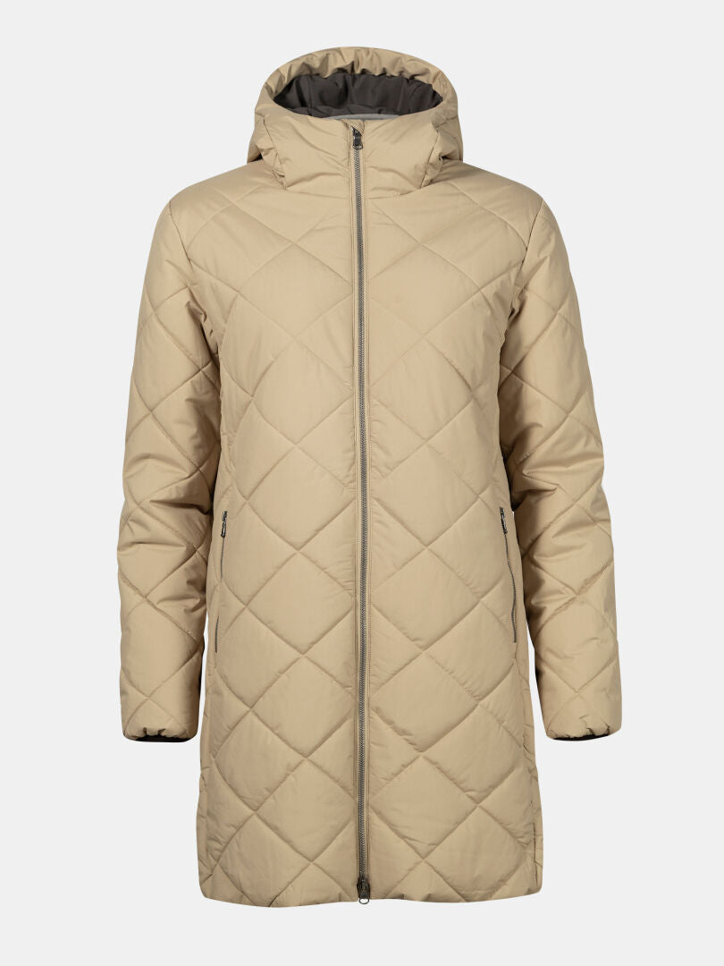 Halti Haapa Quilted Coat Jacket Women's Plus in beige with hood, front zipper, and side pockets on white background.