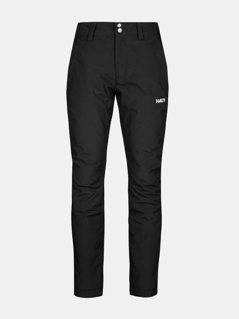 Halti Routa Short Winter Pants Women's Plus: black, straight-leg, two buttons, zip fly, white logo on left thigh.