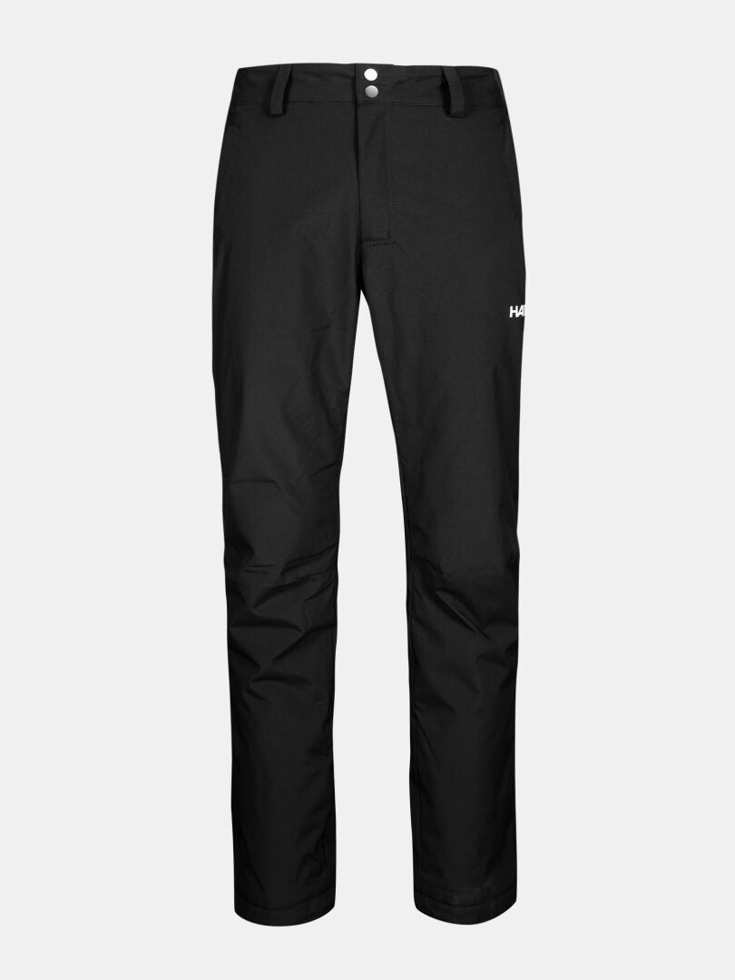 Halti Routa Short Winter Pants Men’s, black, straight-leg, waterproof with button/zipper and white logo on right thigh.