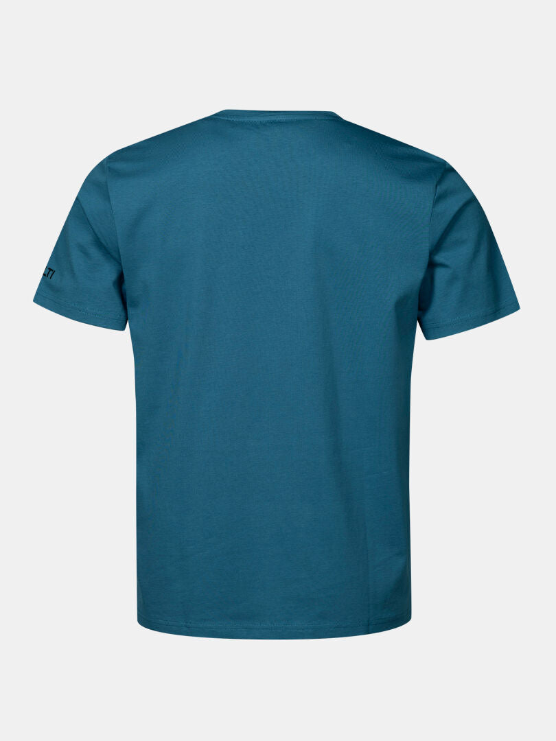 Back view of Halti Matka II Men's teal short-sleeve organic cotton tee, shown on a white background.