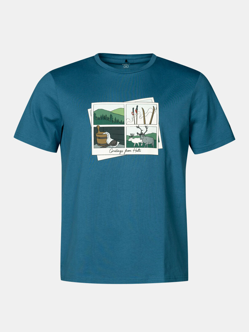 Halti Matka II Men’s T-shirt: blue, 100% organic cotton with postcard nature prints and “Greetings from Nature” front.