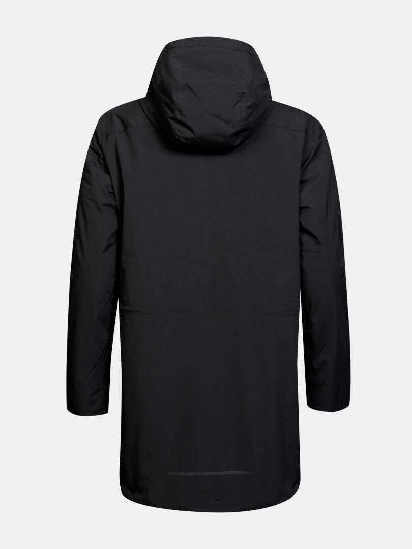 Back of the Halti Kortteli DX Women’s black insulated parka with hood, shown on a light gray background.