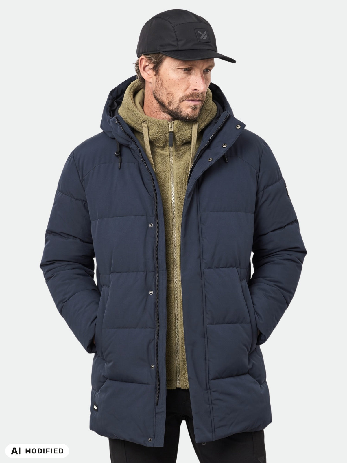Man in Halti Brahe Puffer Parka, olive hoodie, and black cap, hands in pockets, on a plain background.