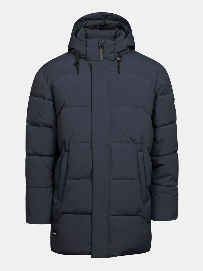 Halti Brahe Puffer Parka Men’s: dark blue, weatherproof, quilted, zip front, two large pockets.