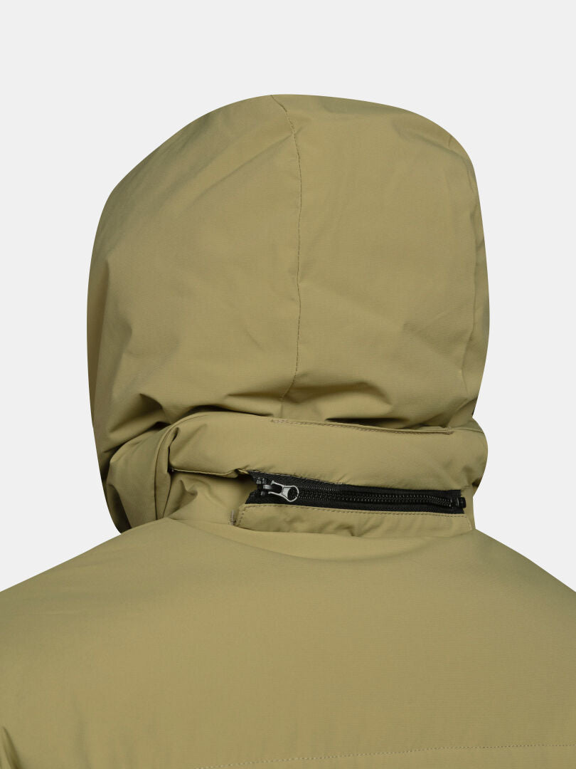 Back view of Halti Brahe Puffer Parka Men’s in khaki with hood and black zipper, shown against a white background.