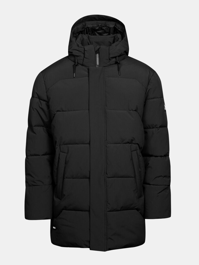 Halti Brahe Puffer Parka Men’s: black, quilted, hooded winter jacket with zipper, snap placket, and side pockets.