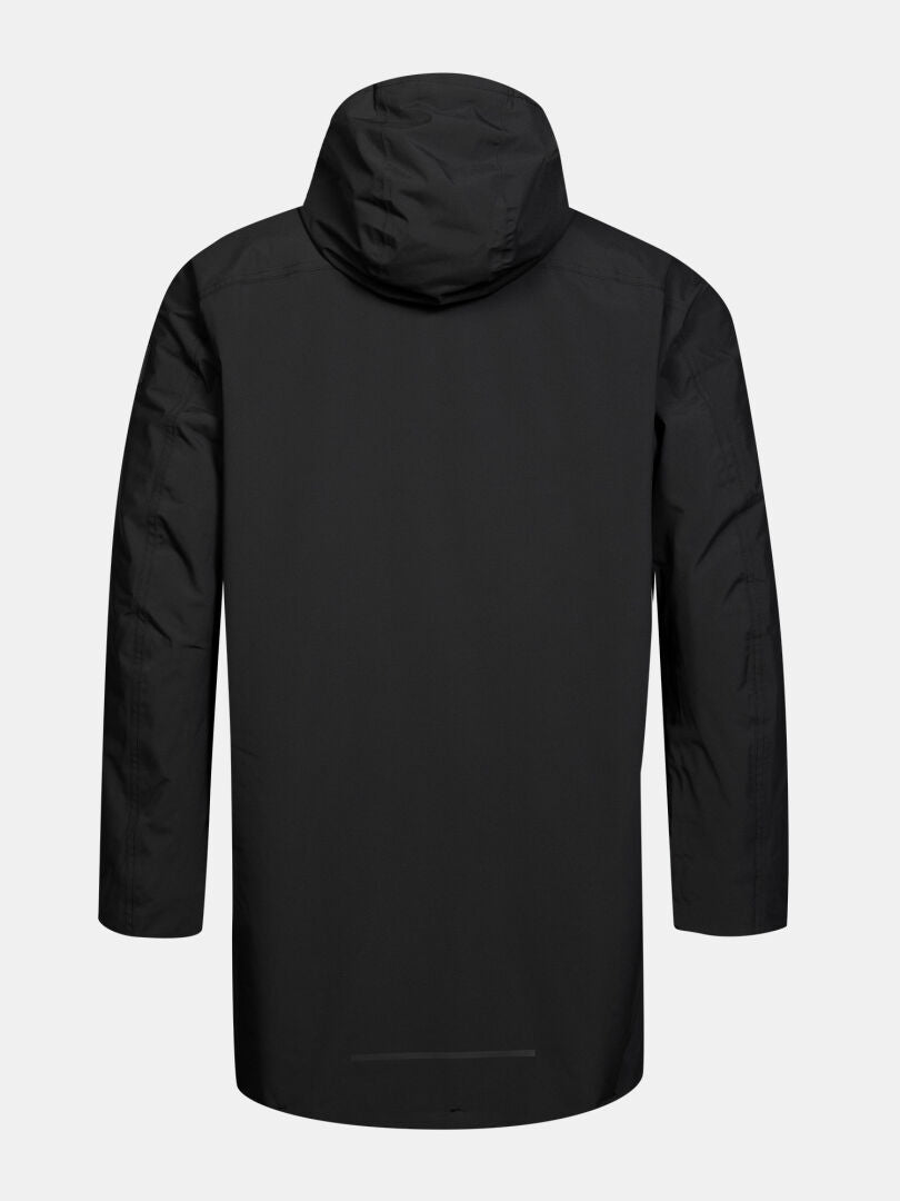 Halti Kortteli DX Insulated Parka Men’s in black, hooded, shown from the back against a plain light background.