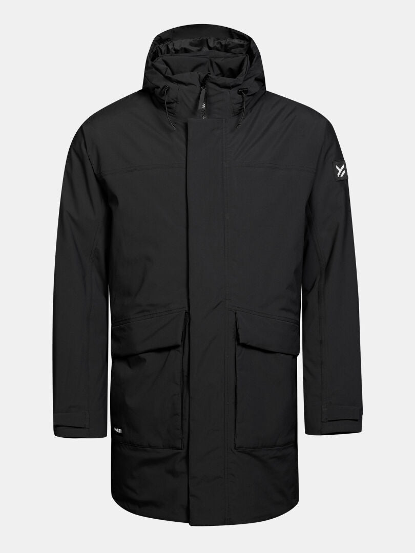 Halti Kortteli DX Men’s Parka: black, insulated, front pockets, white sleeve logo, excellent weather protection.
