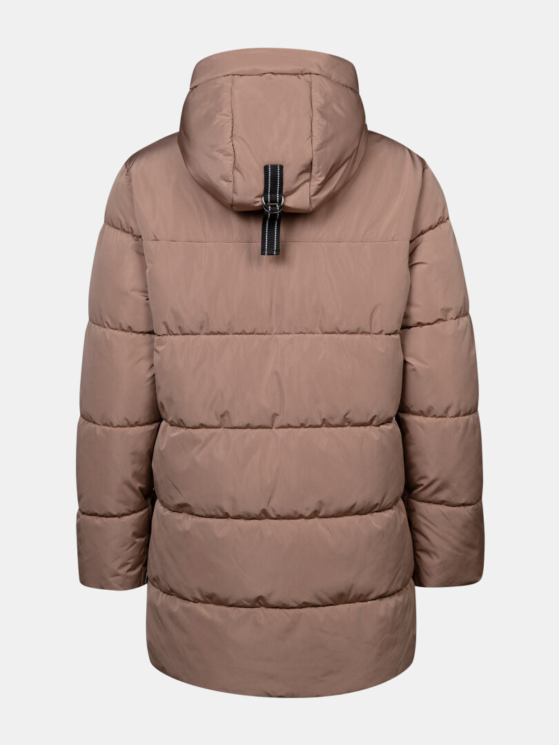 Halti Leinikko Puffer Parka for women in brown, with a hood, horizontal quilting, black tab detail; back view shown.