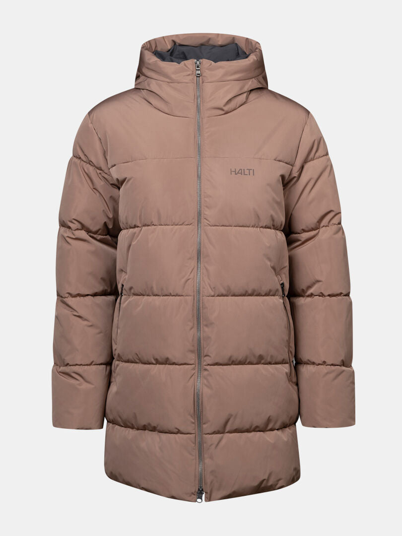 Halti Leinikko Puffer Parka Women’s, light brown with hood, front zipper, logo on chest, shown on plain background.