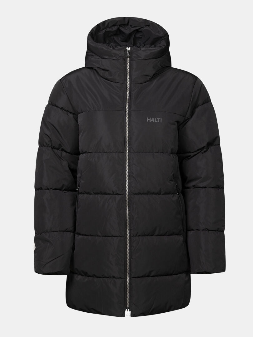 Leinikko Puffer Parka Women’s by Halti: black, hooded, knee-length, front zipper, logo on chest.