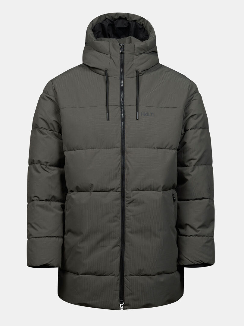 Halti Kaimoa Insulated Jacket Men’s: olive green, hooded, waterproof parka with zipper, pockets, and logo.