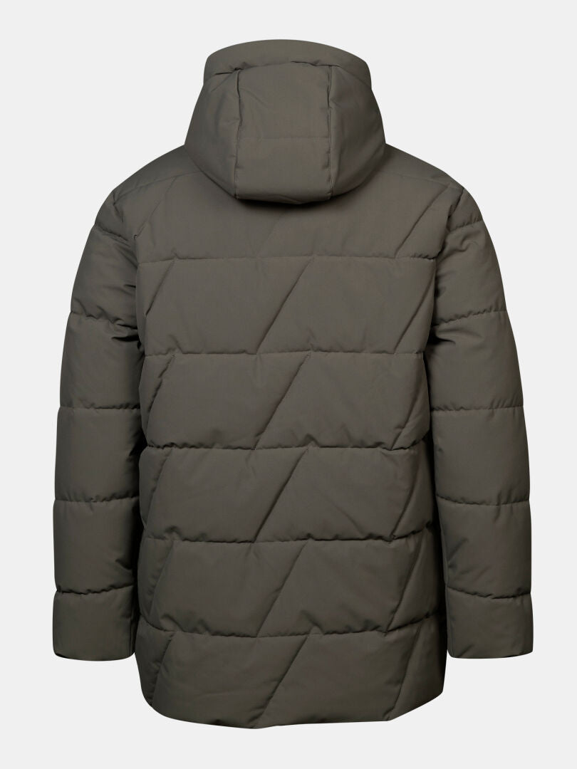 Back view of Halti Forska Insulated Parka Men’s in gray with hood and long sleeves, on plain white background.