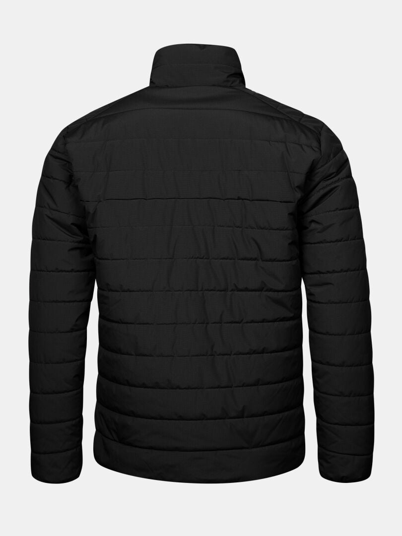 Back view of Halti Rehia Insulated Jacket Men’s in black, quilted and water-resistant, with standing collar.