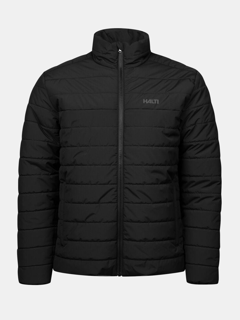 Halti Rehia Insulated Jacket Men’s: black, quilted, front zipper, high collar, chest logo; warm yet lightweight.
