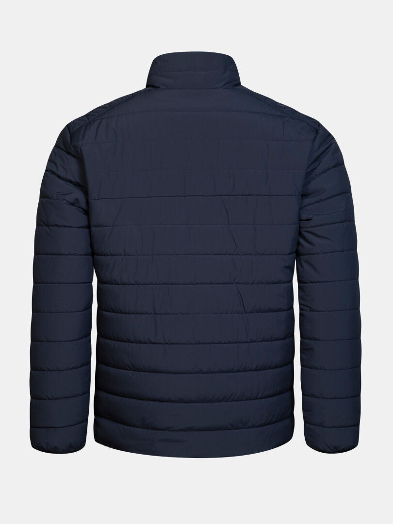 Halti Rehia Insulated Jacket Men’s in navy blue, shown from the back with horizontal stitching and a high collar.