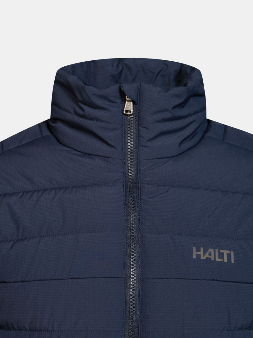 Close-up of the Halti Rehia Insulated Jacket Men’s with high collar, front zipper, and logo on the left chest.