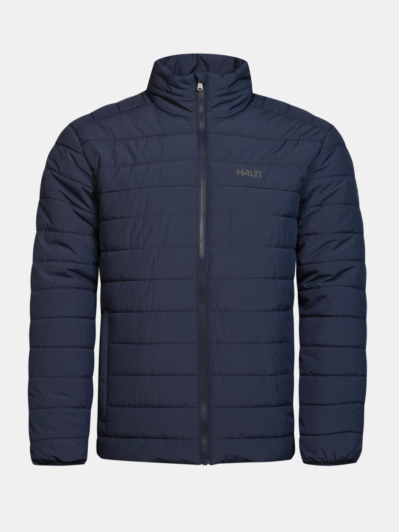 Halti Rehia Insulated Jacket for men: navy, lightweight quilted design, front zip, stand collar, logo on chest.