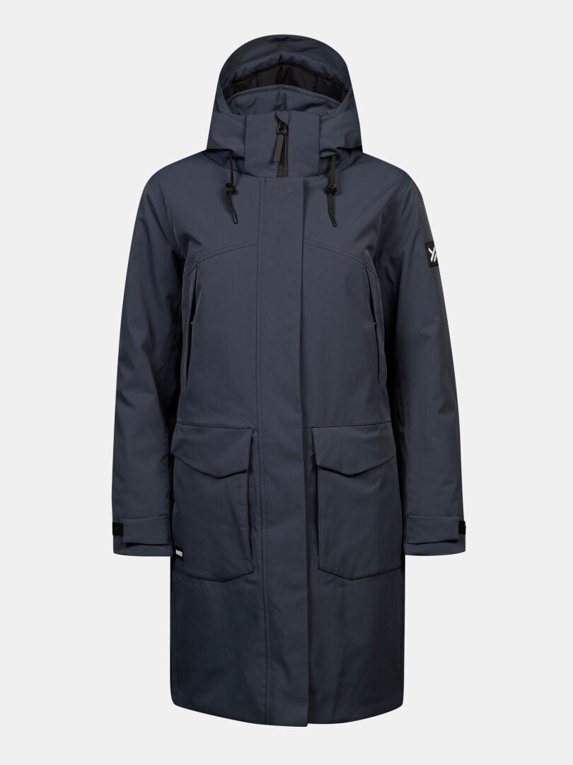 Halti Kallio DX Parka Women’s: navy blue, zip & snap front, 2 pockets, adjustable cuffs—built for winter performance.