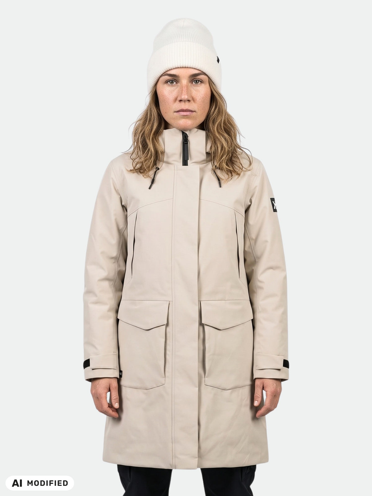 A person wearing a beige Halti Kallio DX Parka Women’s and a white knit beanie.