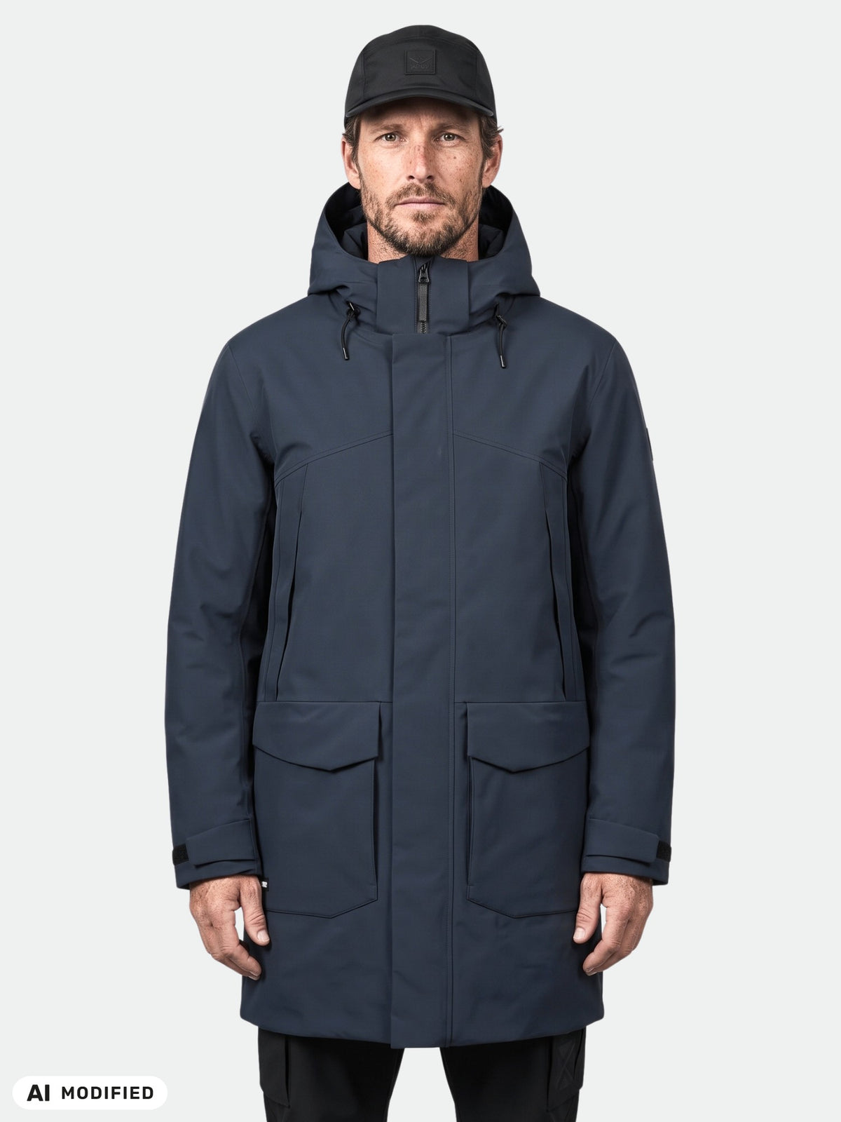 A man in a dark blue Kallio DX Parka Men’s with front flap pockets and a black cap.