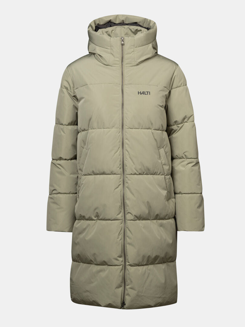 Halti Sammal II Women’s parka: light olive, insulated, hooded, DrymaxX, front zip, logo on left chest.
