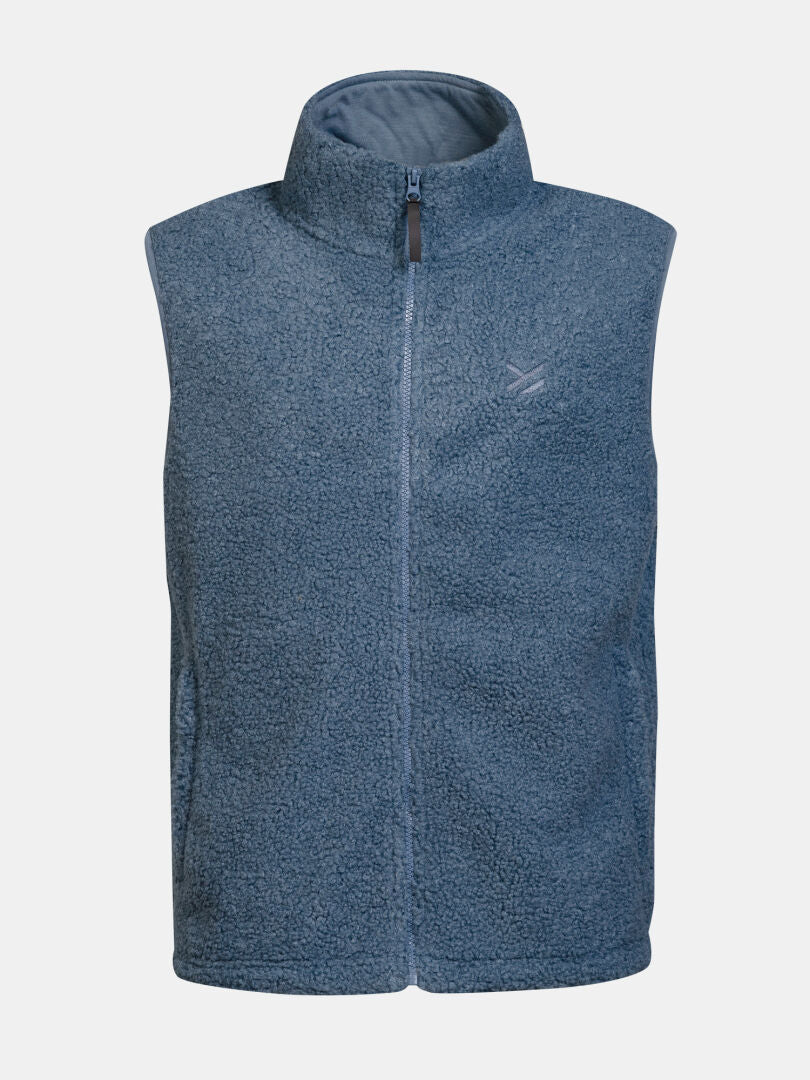 Halti Lykky Fleece Vest Unisex: sleeveless blue recycled polyester vest with high collar, front zip, on white background.