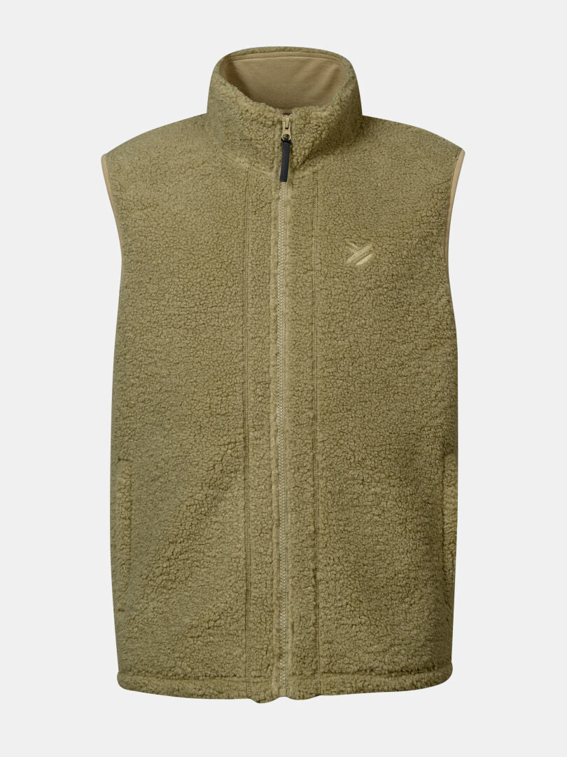 Halti Lykky Fleece Vest Unisex: tan zip-up with high collar and side pockets, made from recycled polyester.