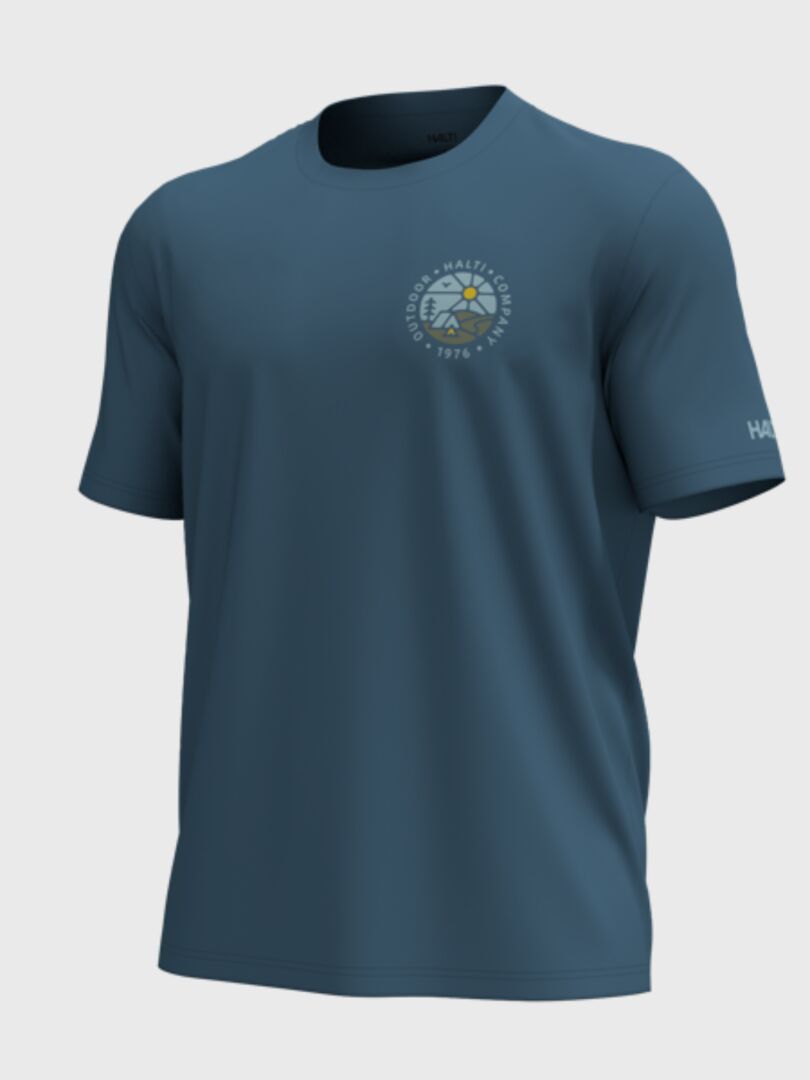 Halti Vehka Unisex blue tee with chest and sleeve text plus small round logo, in organic cotton.