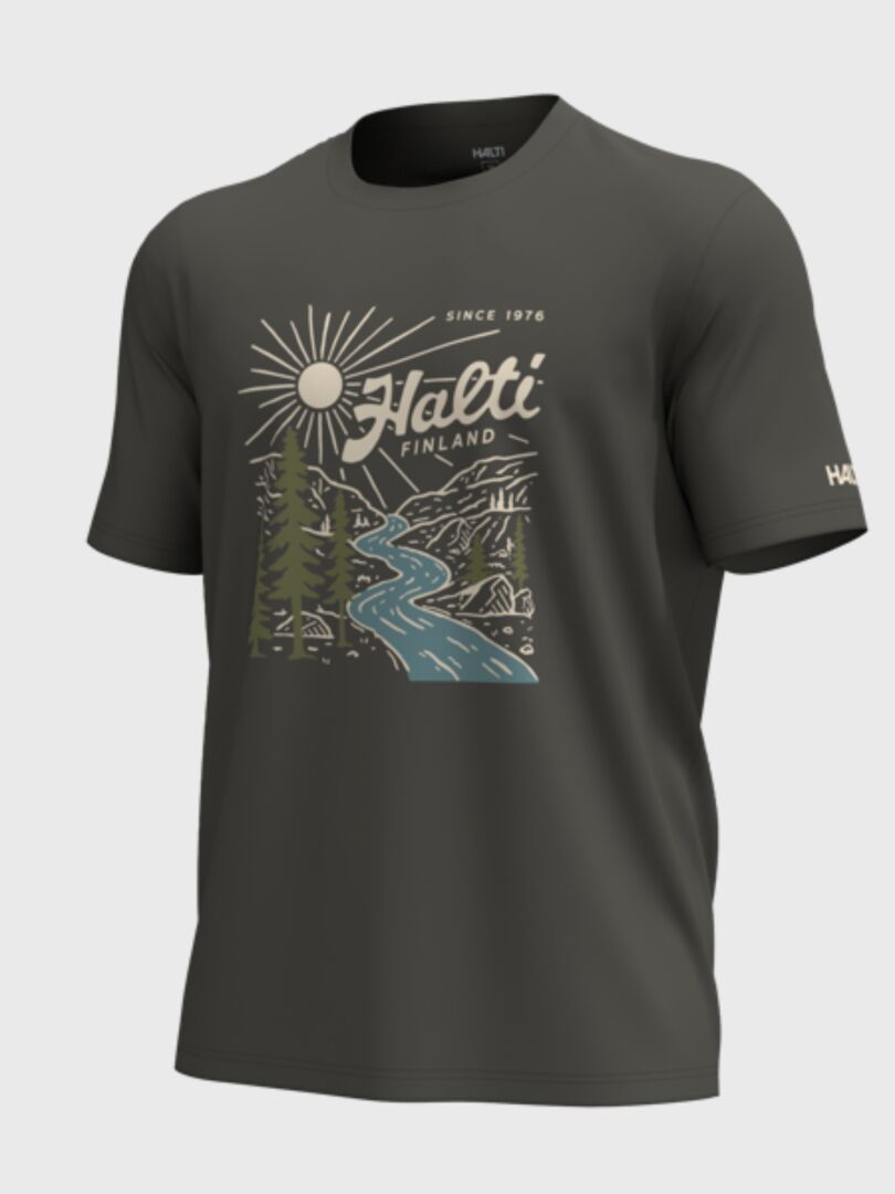 Vehka Unisex T-shirt by Halti: Breathable cotton, dark graphic of river, trees, sun & mountains. Since 1976.