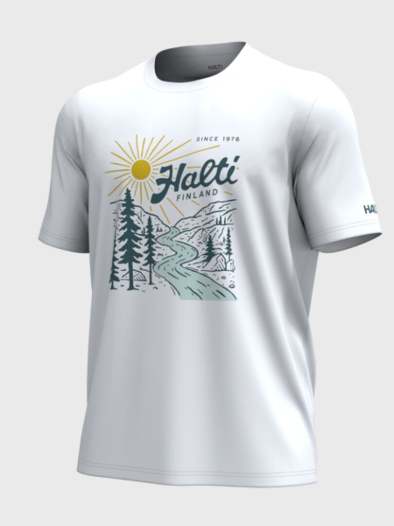 Halti Vehka Unisex T-shirt with sun, trees, river & mountain print on soft cotton. Finland text.