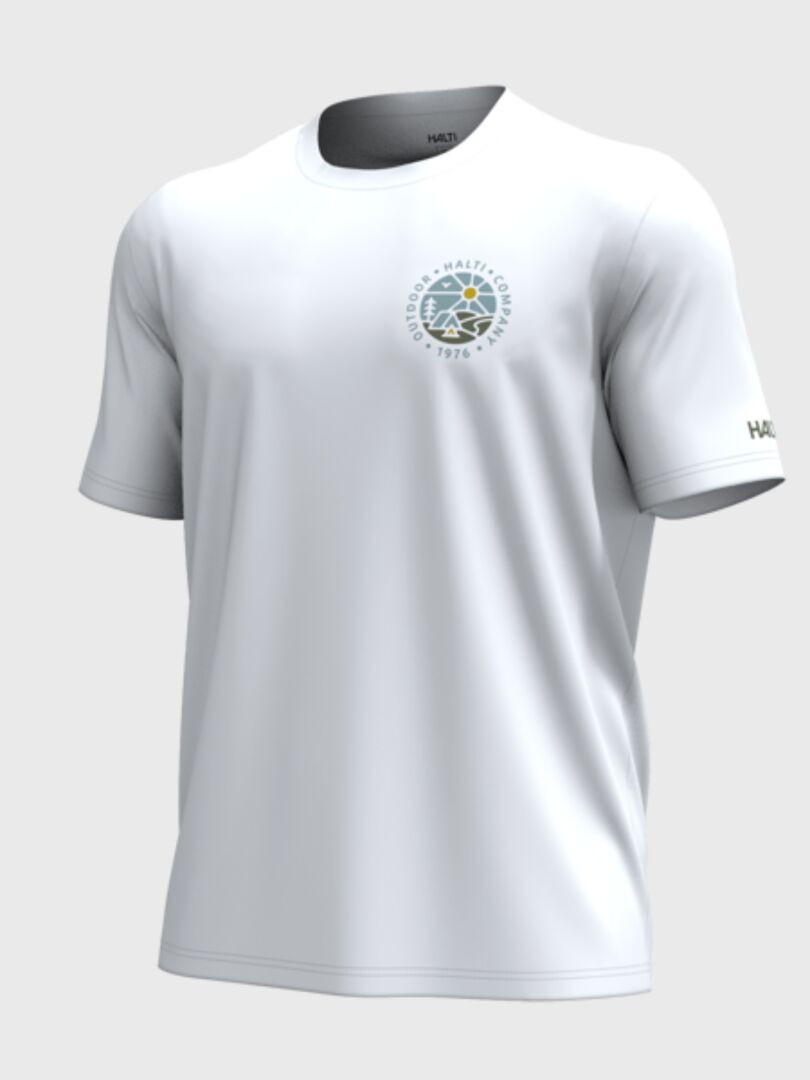 Vehka Unisex T-shirt by Halti: white, breathable cotton with a chest logo and HALTI on the left sleeve.