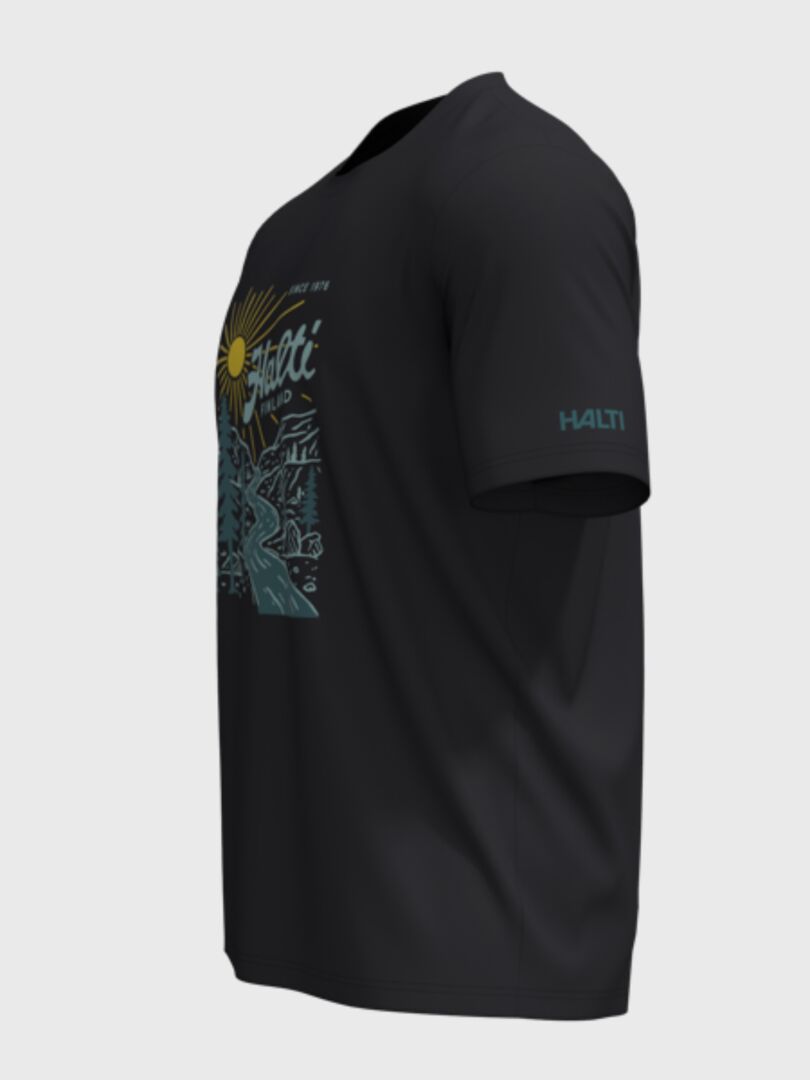 Halti Vehka Unisex T-shirt: black, breathable cotton, mountain & sun chest print, Halti logo on sleeve.