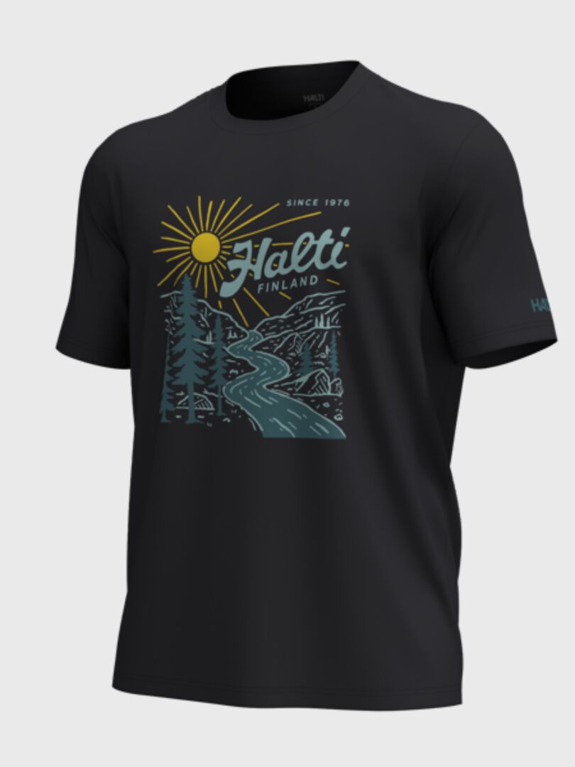 Vehka Unisex T-shirt by Halti: black cotton tee with sun, trees, river, mountains & “Finland Since 1976” print.