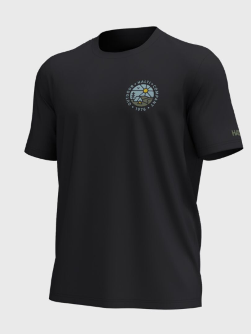 Halti Vehka Unisex T-shirt, black organic cotton, short sleeves, circle chest logo & left sleeve text.