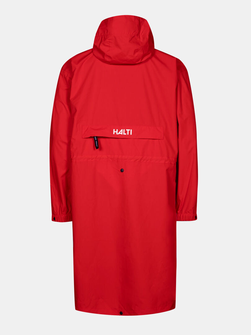 The Halti Coach Jacket is a long red waterproof shell with a hood, elastic cuffs, and an upper-back Halti logo.
