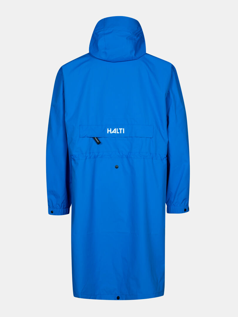 Halti Coach Jacket: Blue waterproof shell with hood, long sleeves, and white HALTI logo on the upper back.