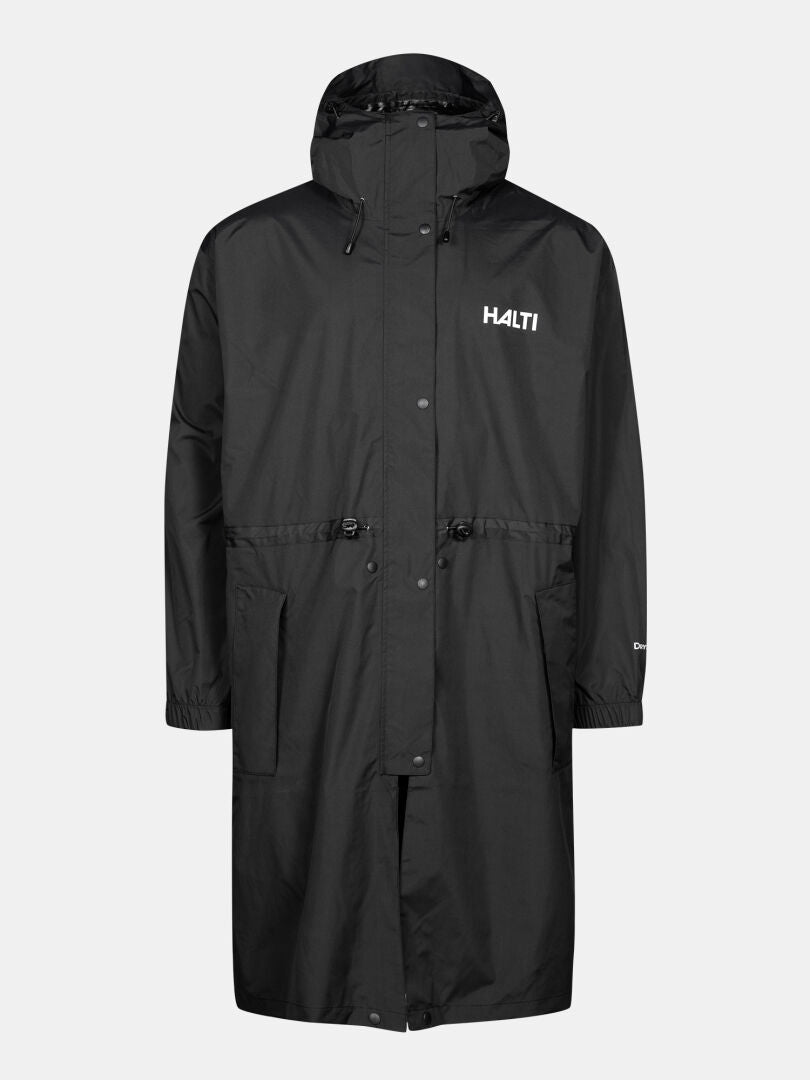 Halti Coach Jacket: Long black raincoat with hood, DrymaxX fabric, front zipper, snaps, and Halti logo on chest.