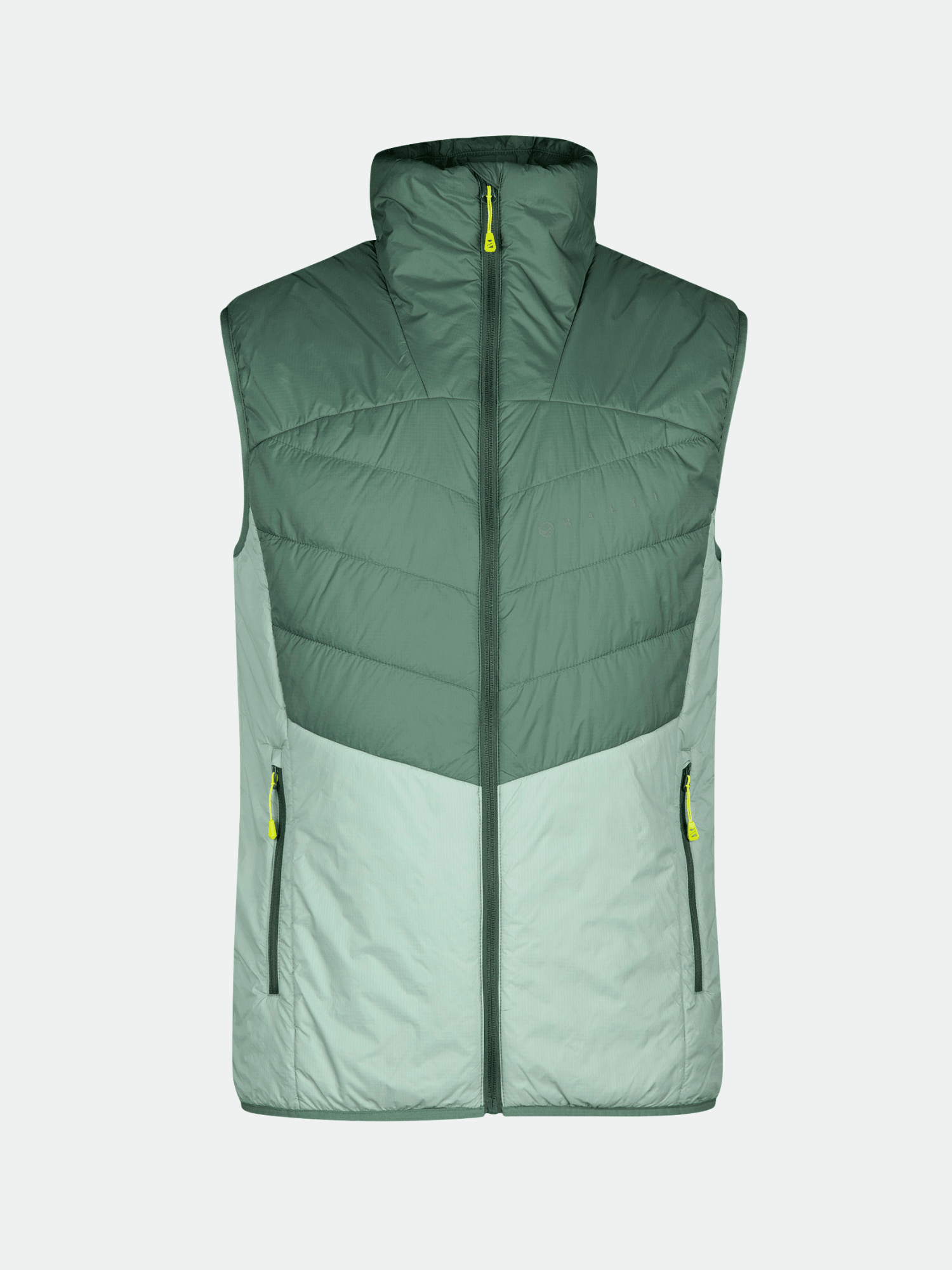 Halti Heatix PrimaLoft Vest Men's: sleeveless green vest with zip pockets and high collar shown on plain background.