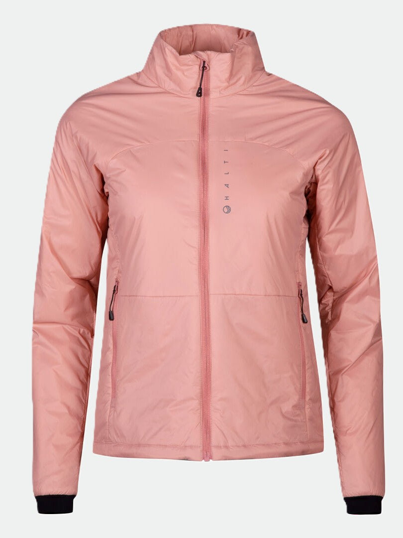 The Halti Neon Insulation Jacket Women's is light pink, warm, breathable, with side pockets and a high collar.